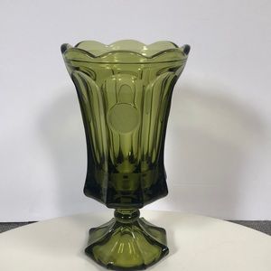 Vintage Fostoria 10” olive green pedestal 1887 coin scalloped top vase